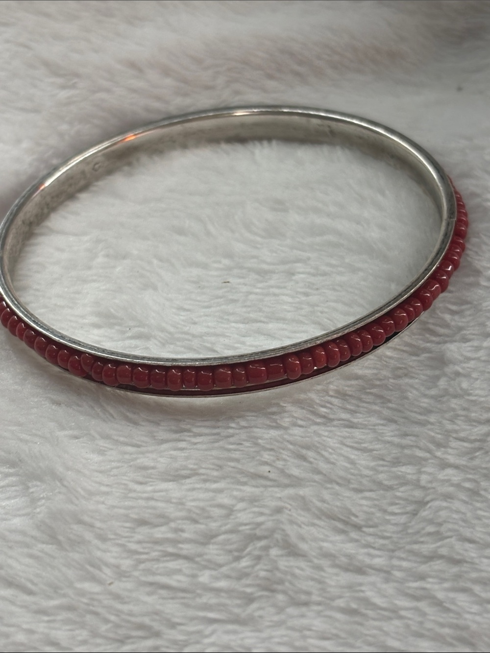 Vintage Silver Tone Bangle Bracelet with Red Bead Accent
